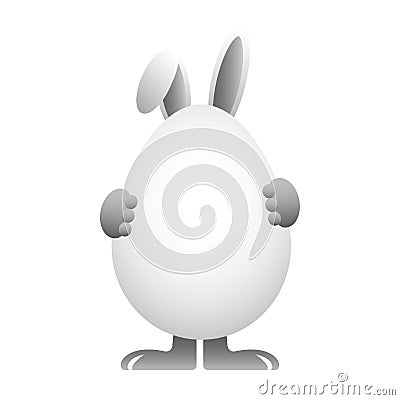 Easter boy rabbit with big ears gives a white egg with the wish of happy Easter Stock Photo